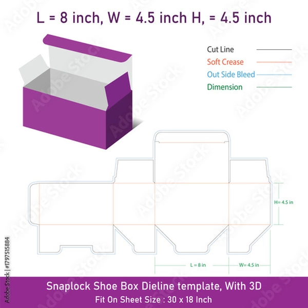 Fototapeta Shoe Box Dieline Template and 3D Mockup Vector Design for Packaging