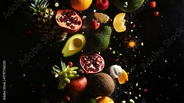 Fototapeta A vibrant cascade of fresh fruits and vegetables, including pomegranate, avocado, pineapple, and orange, frozen in midair against a dark background