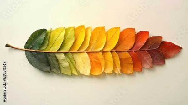 Fototapeta A single leaf artfully arranged with its segments displaying a gradient of colors from deep green to vibrant red, set against a plain light background