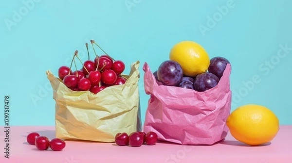 Fototapeta Two paper bags filled with fresh cherries and plums, with a lemon on the side, set against a vibrant blue background