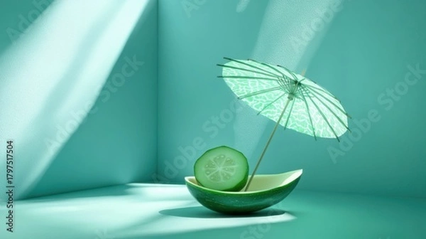 Fototapeta A slice of cucumber with a small green umbrella, floating in a bowl, with light rays and bubbles in a turquoise room