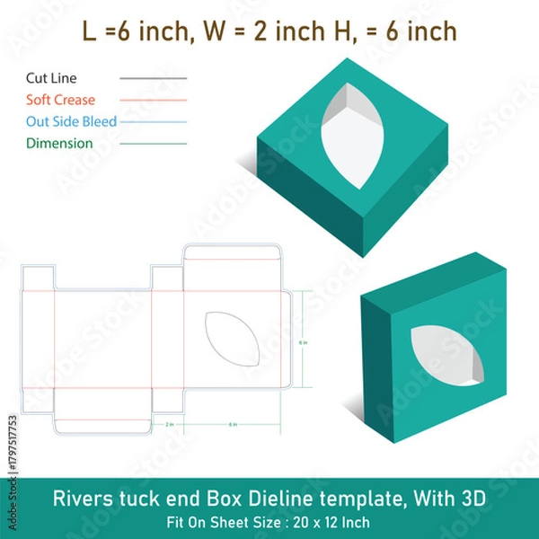Fototapeta Square rivers tuck end box dieline template, With 3D Box, Vector File