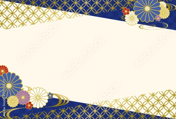 Obraz 和柄と菊の花の背景フレームイラスト　青　金