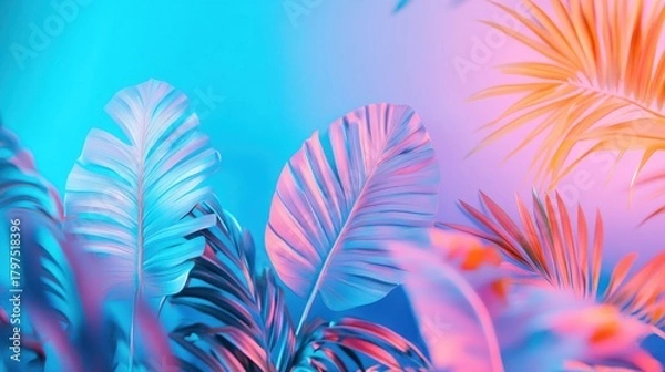 Fototapeta Lush tropical palm leaves illuminated with vibrant neon pink, blue, and orange light, creating a futuristic, exotic atmosphere