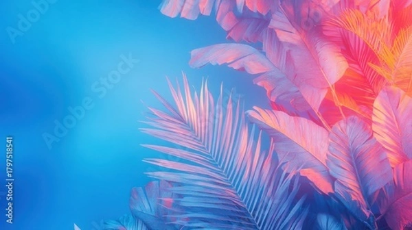 Fototapeta Closeup of exotic, colorful tropical leaves in shades of blue, pink, and orange, with a soft focus and a dreamy, vibrant glow