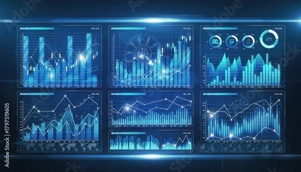 Fototapeta Data Visualization: A close-up shot of an advanced user interface with a sleek, blue color scheme displaying various data visualizations, including charts, graphs, and intricate diagrams.