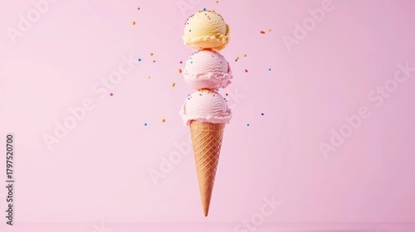 Fototapeta Three scoops of ice cream stacked in a cone with colorful sprinkles falling, studio shot against a pink background