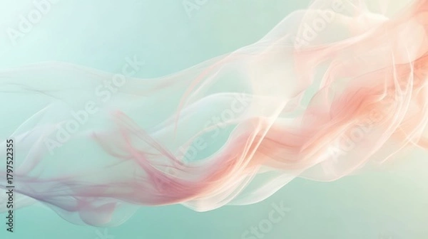 Fototapeta Abstract flowing fabric in soft pastel colors, ethereal and delicate, with a gradient background of teal and peach hues, creating a sense of movement and grace