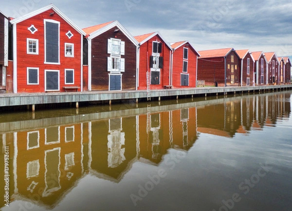 Fototapeta Historic part of the port district of Möljen in Hudiksvall, Sweden