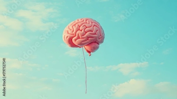 Fototapeta A pink brainshaped object with red drops falling, floating in a clear blue sky with scattered clouds