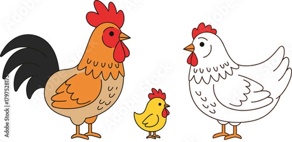 Fototapeta Cute Cartoon Chicken Family Vector Illustration Set, Featuring Rooster, Hen, and Chick Standing Together on a Farm, Representing Poultry and Domestic Birds