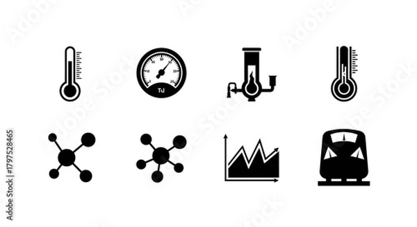 Fototapeta Explore science and engineering with detailed black and white icons of thermometers, gauges, molecules, graphs, and trains for educational content