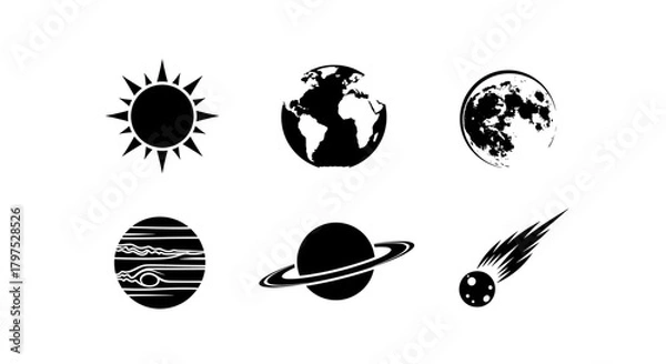 Obraz Explore the cosmos with this cool black and white planet set, ideal for science projects and graphic designs, celestial icons for creative projects