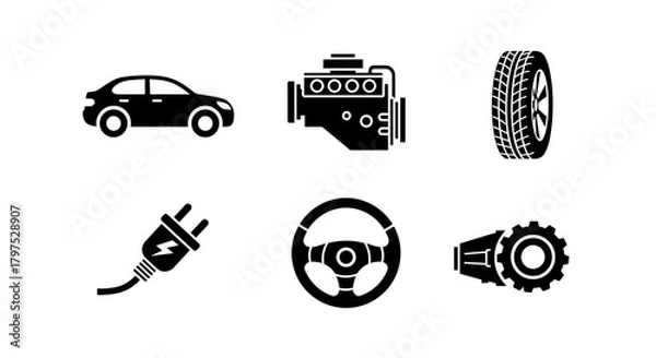 Fototapeta Automotive icons showcase car, engine, tire, plug, steering wheel, and gear, perfect for mechanics, car enthusiasts, and transportation themes