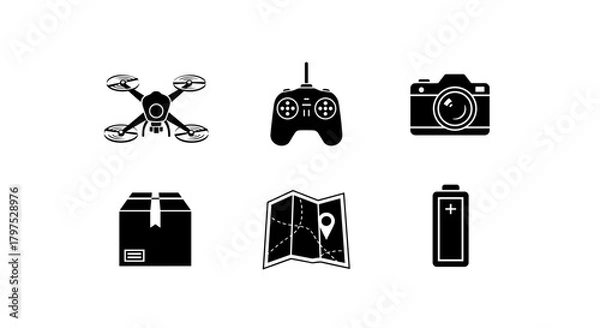 Obraz Drone delivery essentials set for modern logistics and e-commerce showing camera, map, controller and battery icons for innovative technology