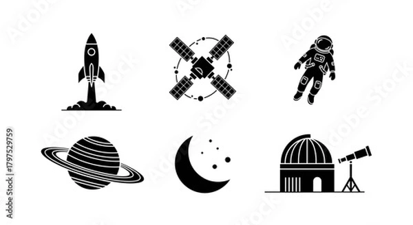 Obraz Explore the cosmos with this striking space exploration design featuring a rocket, astronaut, satellite, Saturn, moon, and observatory for all your projects