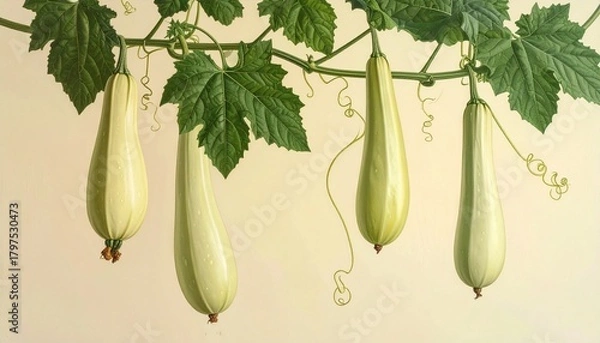 Obraz A detailed botanical illustration of the opo squash plant, showcasing its long pale-green gourds, wide leafy vines, and curling tendrils, beautifully arranged on a soft cream background.