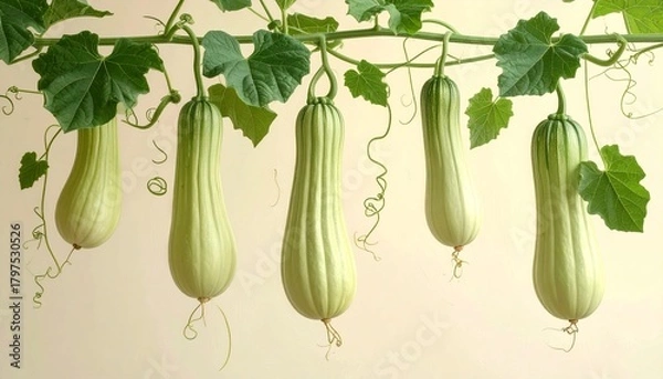 Obraz A detailed botanical illustration of the opo squash plant, showcasing its long pale-green gourds, wide leafy vines, and curling tendrils, beautifully arranged on a soft cream background.