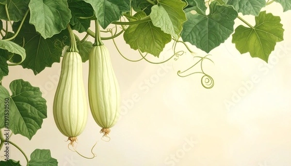Obraz A detailed botanical illustration of the opo squash plant, showcasing its long pale-green gourds, wide leafy vines, and curling tendrils, beautifully arranged on a soft cream background.