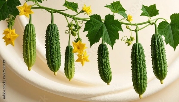 Obraz A detailed botanical illustration of the bitter melon plant, highlighting its warty green fruits, star-shaped yellow flowers, and climbing tendrils, set against a soft cream background.