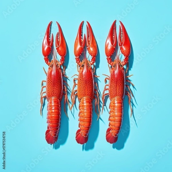 Fototapeta Three bright red crawfish arranged in a row on a vibrant blue background with harsh shadows