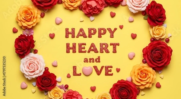 Obraz Colorful floral heart arrangement with heartfelt message and candies on a yellow backdrop