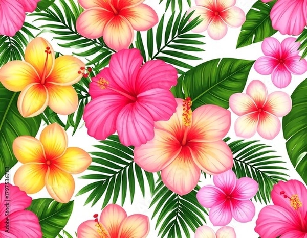 Obraz Colorful floral pattern with hibiscus, plumeria, and palm fronds. Vibrant tropical design