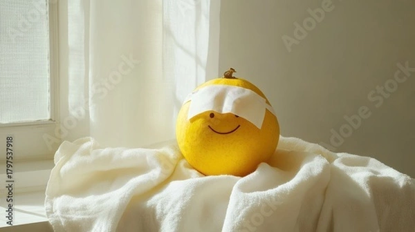 Fototapeta A single yellow grapefruit with a smiley face drawn on it and a bandage over one eye, resting on a white textured cloth