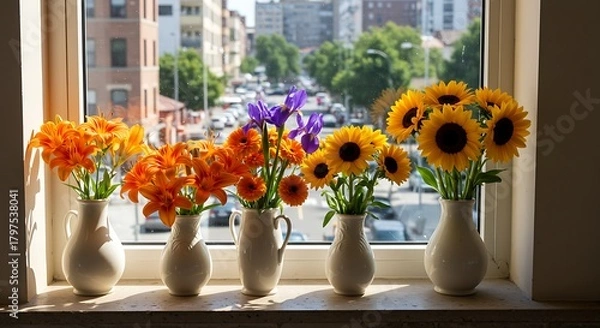 Obraz Colorful flower arrangement in white vases on a windowsill with a city street view
