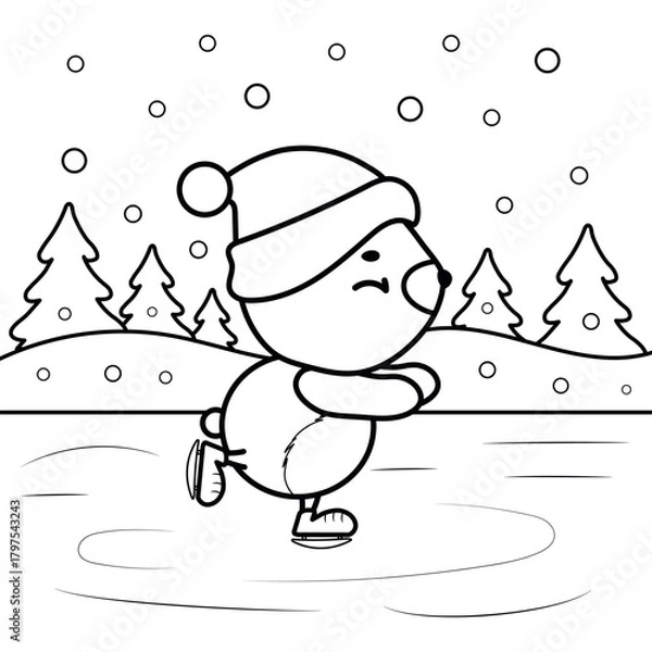 Obraz A cute kawaii Christmas coloring page featuring a skating bear.