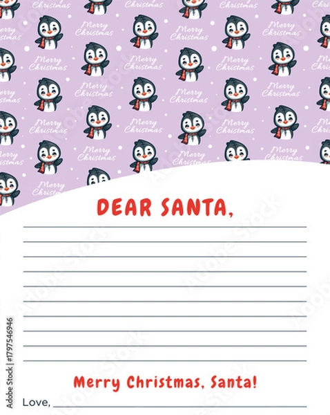 Obraz Cute kawaii letter template for Santa Claus with funny vector Christmas penguin