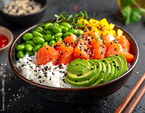 Obraz Colorful, fresh poke bowl featuring salmon, avocado, mango, edamame, and rice