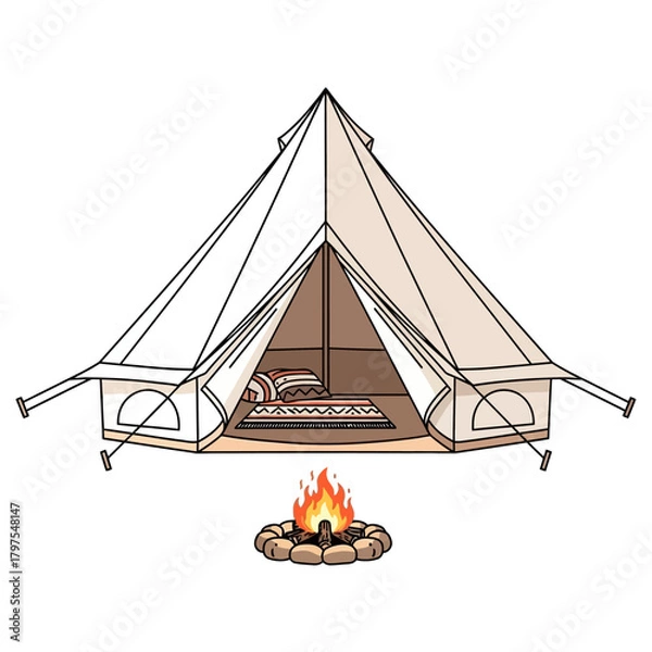 Obraz Cozy Camping Scene with Tent and Campfire.