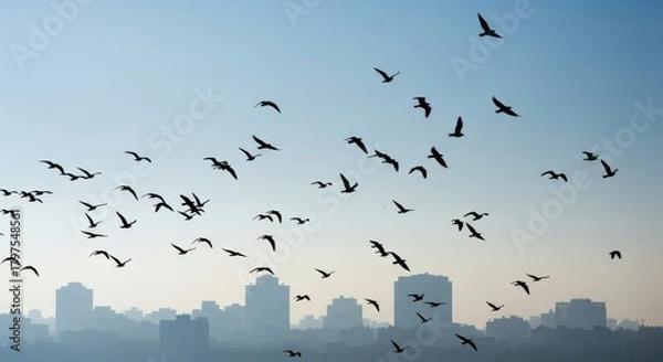 Fototapeta Flock of birds soaring high above city buildings at dawn or dusk