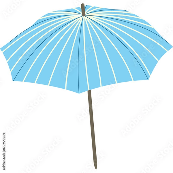 Obraz Light Blue Umbrella With White Stripes And Wooden Handle Open And Isolated On White Background Studio Shot