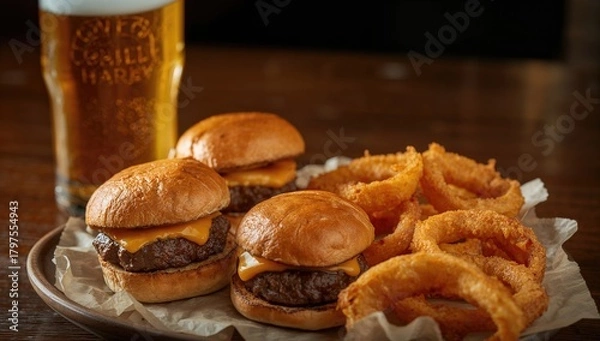Obraz Mini burgers topped with cheese and accompanied by onion rings, ideal for a casual dining experience, National Burger Day