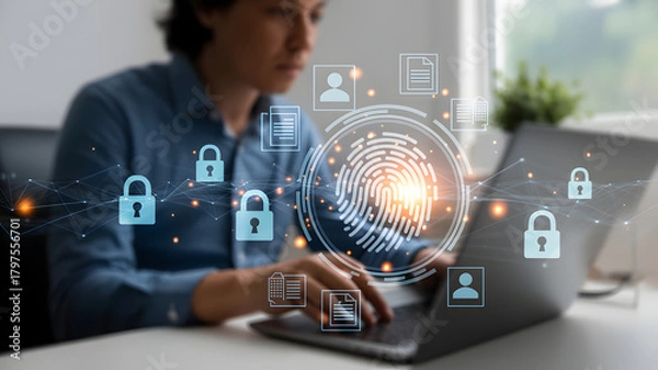 Fototapeta Protect your data with cutting edge security, digital fingerprint scan and lock icons over laptop, perfect for cybersecurity, privacy, and secure access