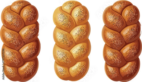 Fototapeta Traditional Braided Challah Bread Vector Illustration with Poppy and Sesame Seeds, Perfect for Jewish Holidays, Bakery, and Food Menu Designs.