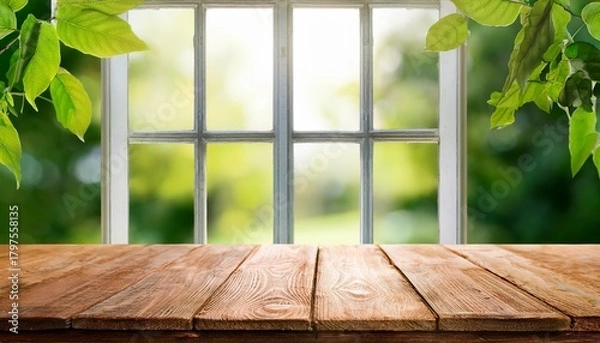 Fototapeta Empty Wood Table Top On Blurred Curtained Window And Abstract Greenery From Garden Background