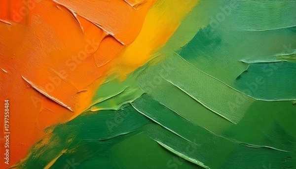 Fototapeta Close Up Of A Simple Hand Painted Abstract Painting Contemporary Orange And Green Textured Background Photograph