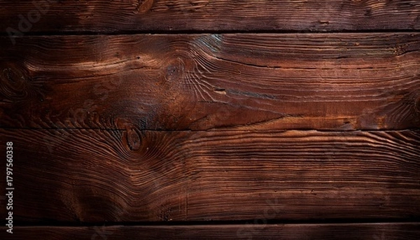 Fototapeta Brown Distressed Rustic Wood Grain With Twig Imperfections And Scratches Overhead View Of Old Dark Brown Wooden Table Texture Or Abstract Background Place For Text