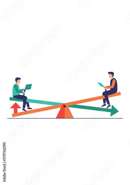 Obraz Two people on a seesaw balancing laptops represent equality in digital work.