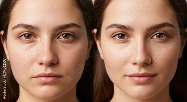 Fototapeta Visual comparison of a young woman's facial skin transformation, highlighting the significant reduction of under-eye circles and a smoother, more revitalized complexion for an enhanced, refreshed look