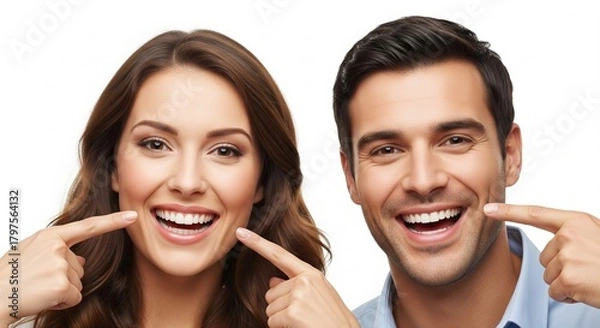Fototapeta Radiant smiles of a happy young couple pointing to their perfectly white teeth, showcasing dental health and overall well-being with confident expressions on a bright, clean background