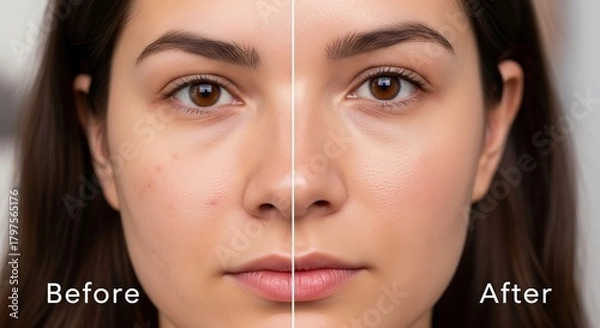 Fototapeta Close-up split view illustrating the remarkable transformation of a young woman's skin from a natural state to a beautifully refined and clear complexion