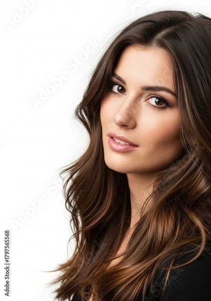 Fototapeta Captivating portrait of a beautiful young woman with flowing brown hair, exuding natural charm and elegance against a crisp white backdrop, showcasing her radiant features and confident gaze
