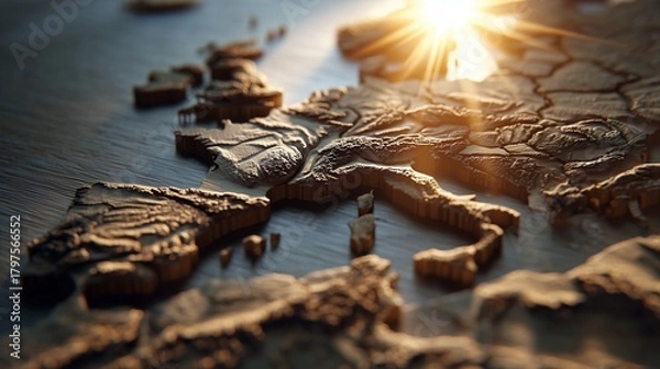 Fototapeta The beautifully crafted three-dimensional map showcases detailed outlines of European countries, highlighted by a warm sunlight gleaming across its surface. This artistic map of Eu