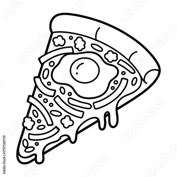 Fototapeta Outline pizza slice with fried egg sausage and cheese vector illustration line art