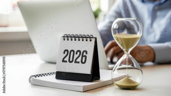 Fototapeta A person works on a laptop next to a calendar showing 2026 and an hourglass, symbolizing future planning and time