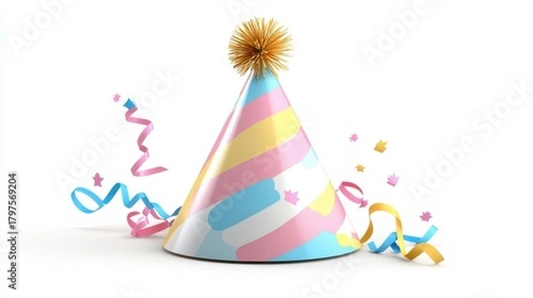 Fototapeta Colorful Party Hat with Streamers for Celebration or Birthday Event.